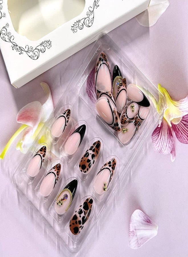 CJDLTS 24Pcs French Black Leopard Print Press on Nails Medium Artificial Almond Acrylic Fake Nails Gold Beads Stick on Nail Full Cover Metal Chain Reusable Coffin Artificial Fingernails for Women Manicure - Image 5